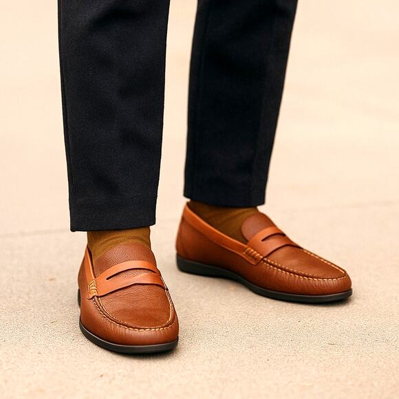 Florsheim 10.5 Moc Intrepid Leather Penny Loafers Slip On Shoes Preppy Brown - Picture 1 of 10